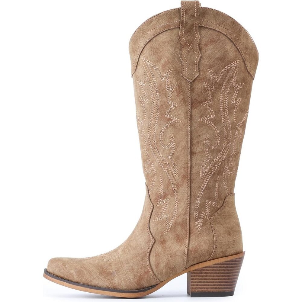 🆕Women Camel Faux Leather Western Cowgirl Chunky Heel Mid Calf Snip Toe Boots - Picture 7 of 10